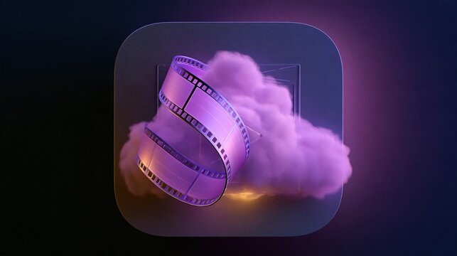 Abstract 3D render of a film reel winding around a glowing purple cloud within a rounded square UI element