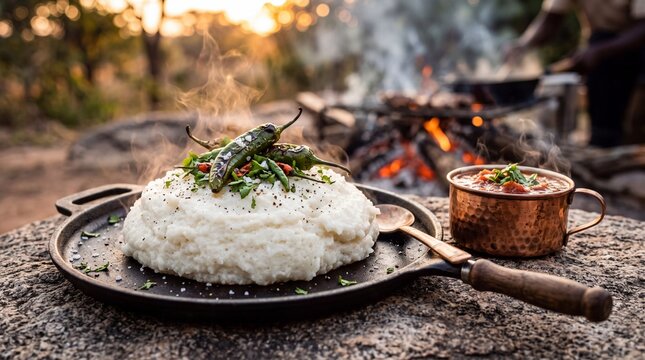 Traditional Sadza with Grilled Chili Peppers and Tomato Relish Cooked Over Open Fire