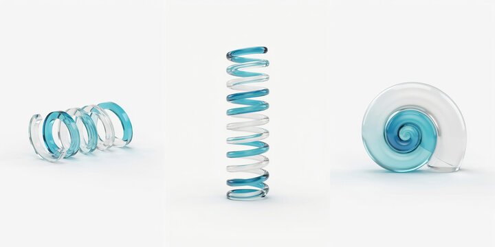 Three blue and clear glass sculptures featuring a spiral coil, a vertical spring, and a shell