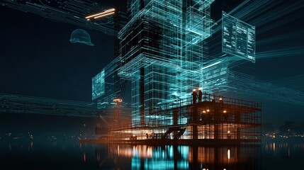 Fototapeta na wymiar Futuristic digital blueprint of a complex industrial structure with engineers overseeing construction at night