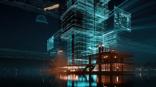 Futuristic digital blueprint of a complex industrial structure with engineers overseeing construction at night