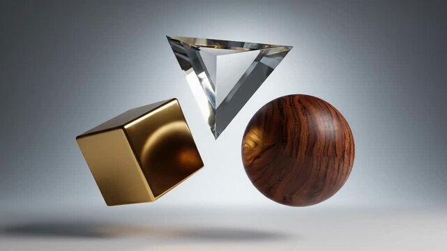 Floating gold cube glass pyramid and wooden sphere shapes