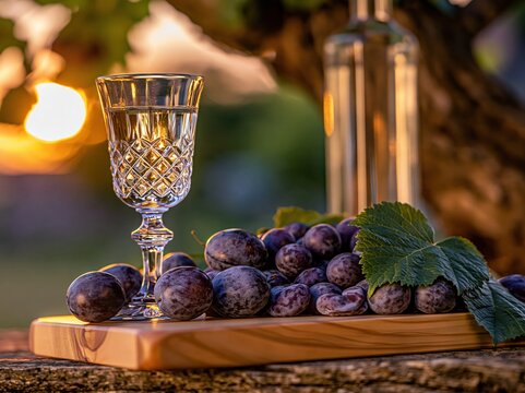 Crystal glass filled with clear liquid beside ripe plums and bottle at sunset