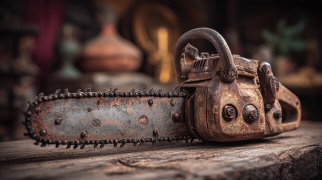 Close up of old rusty chainsaw on wooden surface