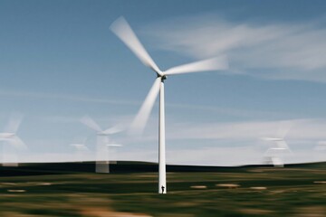 Obraz premium Motion blurred wind turbine spinning generating clean renewable energy on a sunny day with a clear blue sky