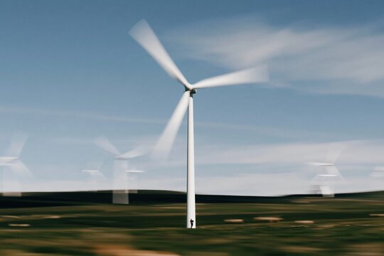Motion blurred wind turbine spinning generating clean renewable energy on a sunny day with a clear blue sky