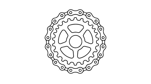 Sprocket Wheel with Chain Links Mechanical Gear Industrial Machine Part Vector Icon Illustration Black and White Line Art Technical Component Symbol on White Background isolated