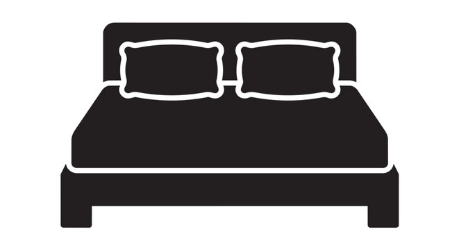 Hotel double bed vector, sleep and rest logo icon, black bedroom furniture design element