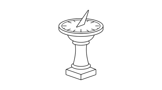 Stone sundial on garden pedestal, hand-traced vector line icon in monochrome style for outdoor decor and landscape design, classic timepiece illustration, garden ornament, garden feature