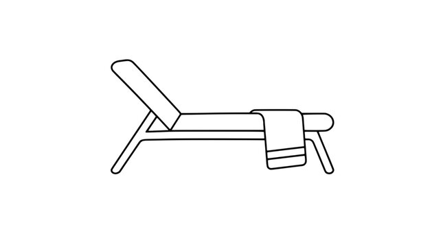 Minimalist line art vector icon of a sun deck chaise lounge chair with reclined backrest and striped towel draped over the side, perfect for poolside summer relaxation and luxury resort vacation