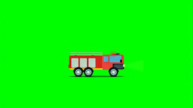 Animated fire engine driving fast on green screen