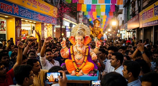 Vibrant Ganesh Chaturthi Festival Celebration with Crowd.
