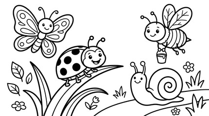 Fototapeta premium Cute garden insects coloring page for kids, black and white outline of butterfly, ladybug, bee and snail, educational nature illustration for children