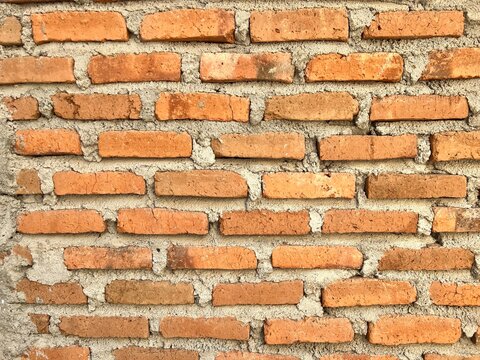 Exterior view of a rustic red brick wall bonded with exposed light grey mortar joints.