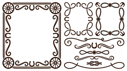 Fototapeta premium set of vintage western decorative frames and rustic borders with wagon wheel details, ornate western flourishes for invitations and rustic stationery