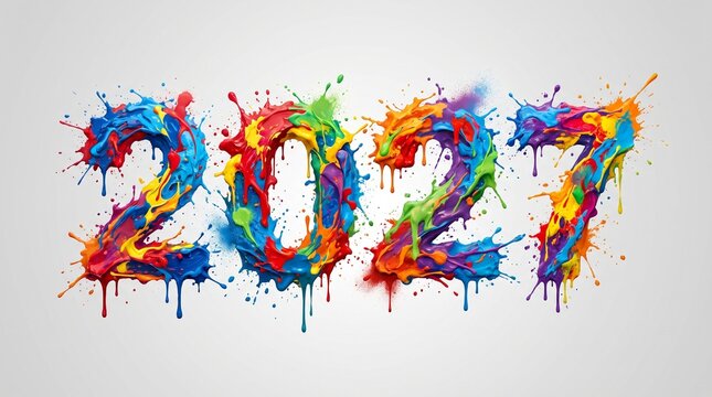 Vibrant 2027 New Year celebration paint splatter number art on white background