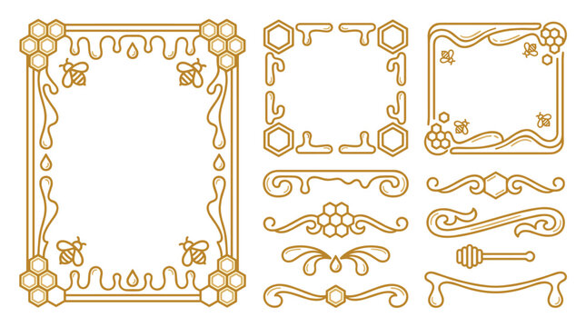 set of golden honey bee frame borders and decorative elements with liquid drips, honeycomb patterns, and floral flourishes for rustic invitation