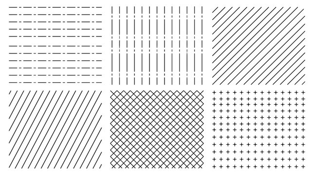 Set of six technical cad hatch patterns with dashed lines for architecture, engineering, construction drafting, blueprints, geometry, engineering