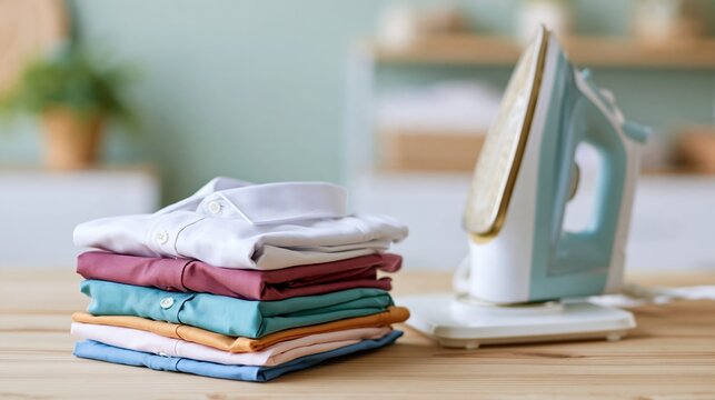 Stack of freshly ironed colorful folded shirts neatly arranged on a wooden table next to a modern steam iron