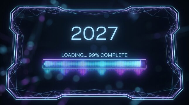 Futuristic 2027 countdown digital display with glowing tech interface and soundwave animation