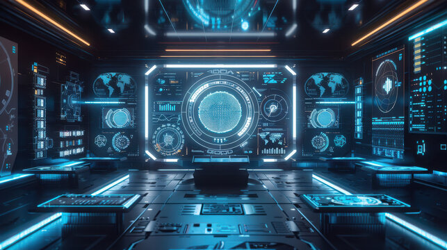 Futuristic digital command center with glowing holographic data interfaces
