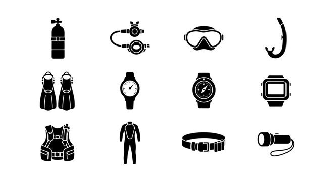 Scuba Diving Gear Icons Set, Underwater Equipment Collection, Vector Symbols for Aquatic Sports and Recreation