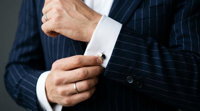 Close up of a groom in a navy pinstripe suit adjusting his cufflinks on his wedding day morning preparation