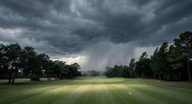 Dramatic wide photograph of dark heavy rain clouds rolling in over a golf course fairway, a distinct wall of grey rain visible falling in the middle distance.