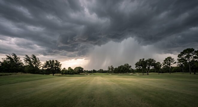 Dramatic wide photograph of dark heavy rain clouds rolling in over a golf course fairway, a distinct wall of grey rain visible falling in the middle distance.