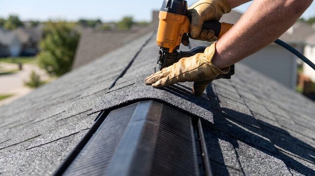 Construction worker using a nail gun to install shingles on a roof ridge vent