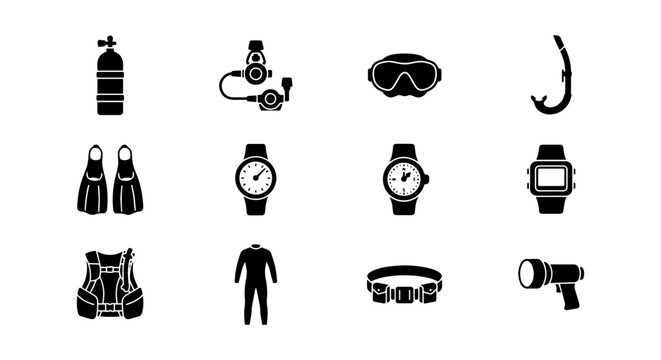 Scuba Diving Gear Icons Set, Underwater Equipment Vector Collection, Dive Symbols Pack