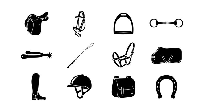 Equestrian Gear Icons Set, Horse Riding Equipment Vector Collection, Stable Accessories Graphics