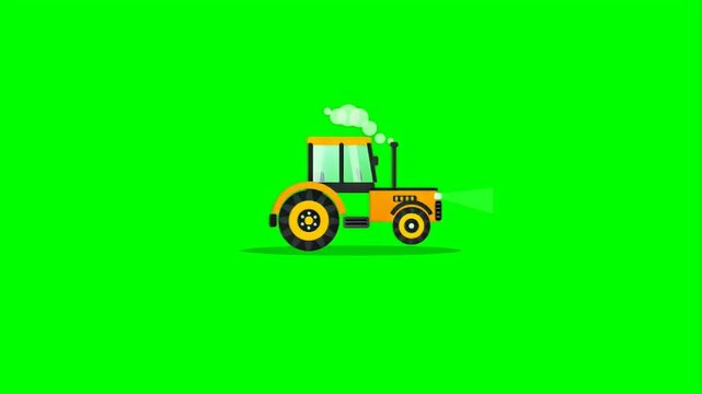 Cartoon yellow farm tractor on green background