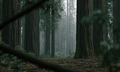 Naklejka premium Misty Redwood Forest Path with Towering Ancient Trees and Soft Foggy Light