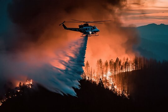 Helicopter Douses Wildfire Flames During Dramatic Sunset Sky with Water Drop and Smoke