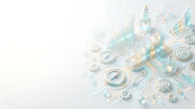 Abstract Digital Technology Concept With Glowing Circuit Board Lines Data Graphs Rocket And Gears For Business Innovation And Marketing Strategy