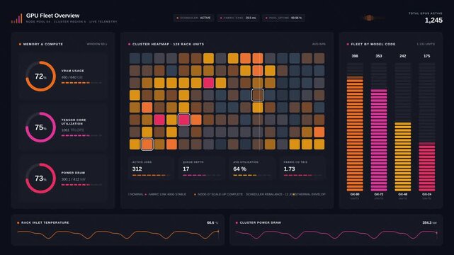 Data analyst monitoring cloud computing GPU performance on digital dashboard