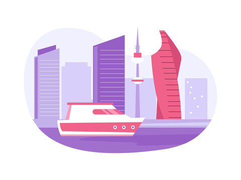 A coastal cityscape with a modern yacht docked in the foreground. Doha illustrations. Flat vector concepts