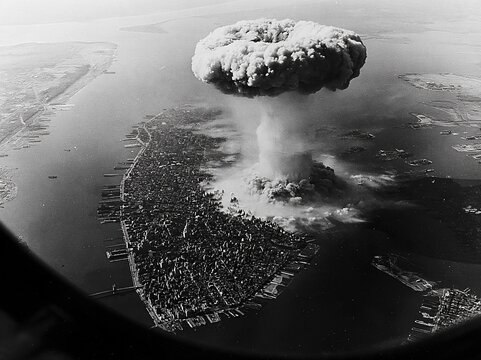 Dramatic aerial view of a massive mushroom cloud explosion over a dense urban city skyline