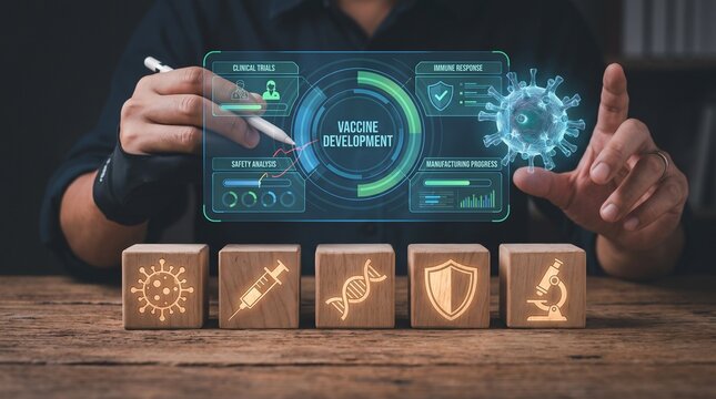 Vaccine development concept with digital interface and wooden blocks on table