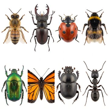 A vibrant collection of insects including a bee, stag beetle, ladybug, bumblebee, jewel beetle, monarch butterfly, rhinoceros beetle, and ant.