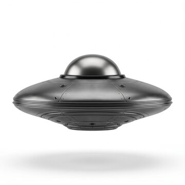 A futuristic, metallic flying saucer hovers ominously against a stark white background, a classic symbol of extraterrestrial visitation and unexplained phenomena.