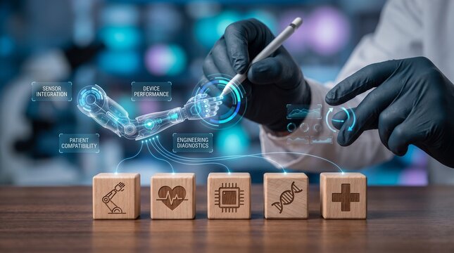 Medical engineer using digital interface to analyze robotic prosthetic arm and patient health data in a laboratory setting