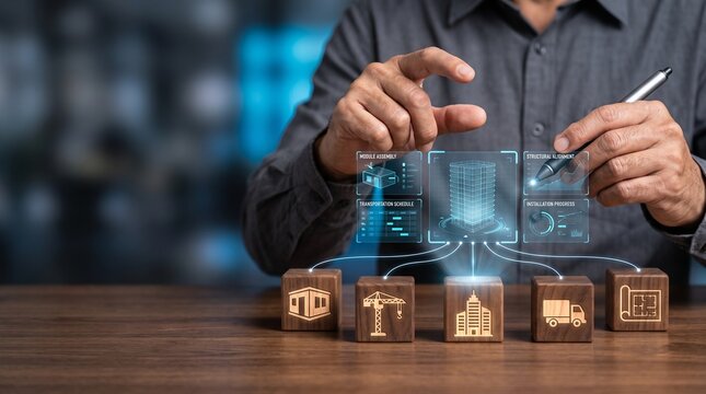 Construction project management concept with digital twin technology, building information modeling bim and smart construction site