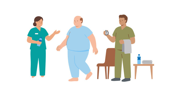 Medical staff monitoring overweight patient progress, physical rehabilitation therapy, fitness consultation, health assessment, wellness checkup