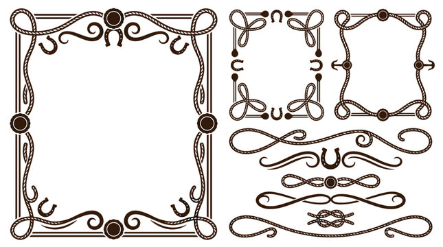 Collection of decorative vintage frames with western horseshoe motifs, intricate swirls and scrolls, elegant border dividers for stationery, wedding