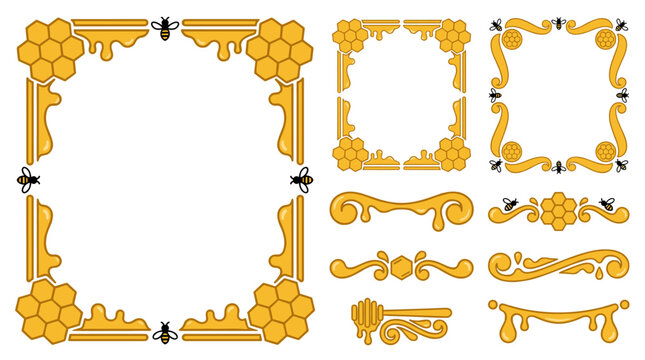 Set of golden honey themed decorative frames and borders with beeswax honeycomb textures, dripping syrup elements, and small bee icons for elegant