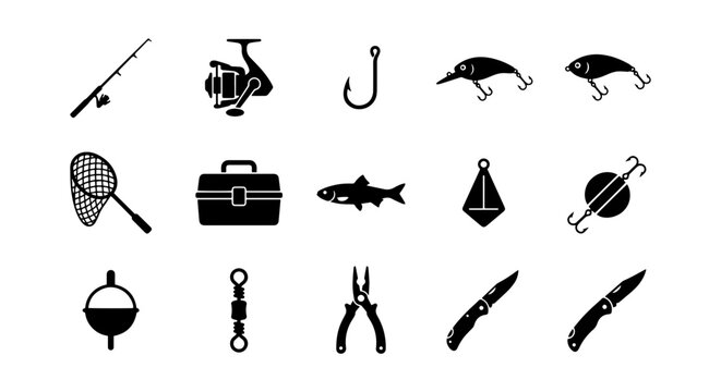 Fishing Gear Icons Set: Rod, Reel, Lures, Net, Tackle Box, Fish, Hook, Pliers, Knives
