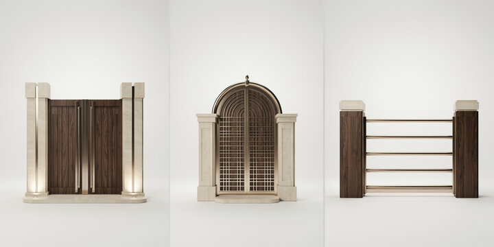Three decorative architectural gates and railings made of dark wood and stone