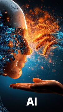 Futuristic AI consciousness transfer, human hand reaching for digital mind, symbolizing artificial intelligence evolution and connection